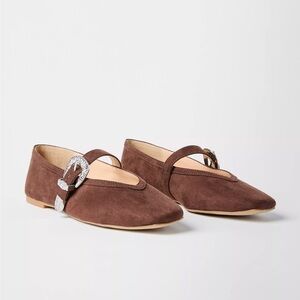 LOFT Brown Suede Mary Jane Flats with Silver Buckle